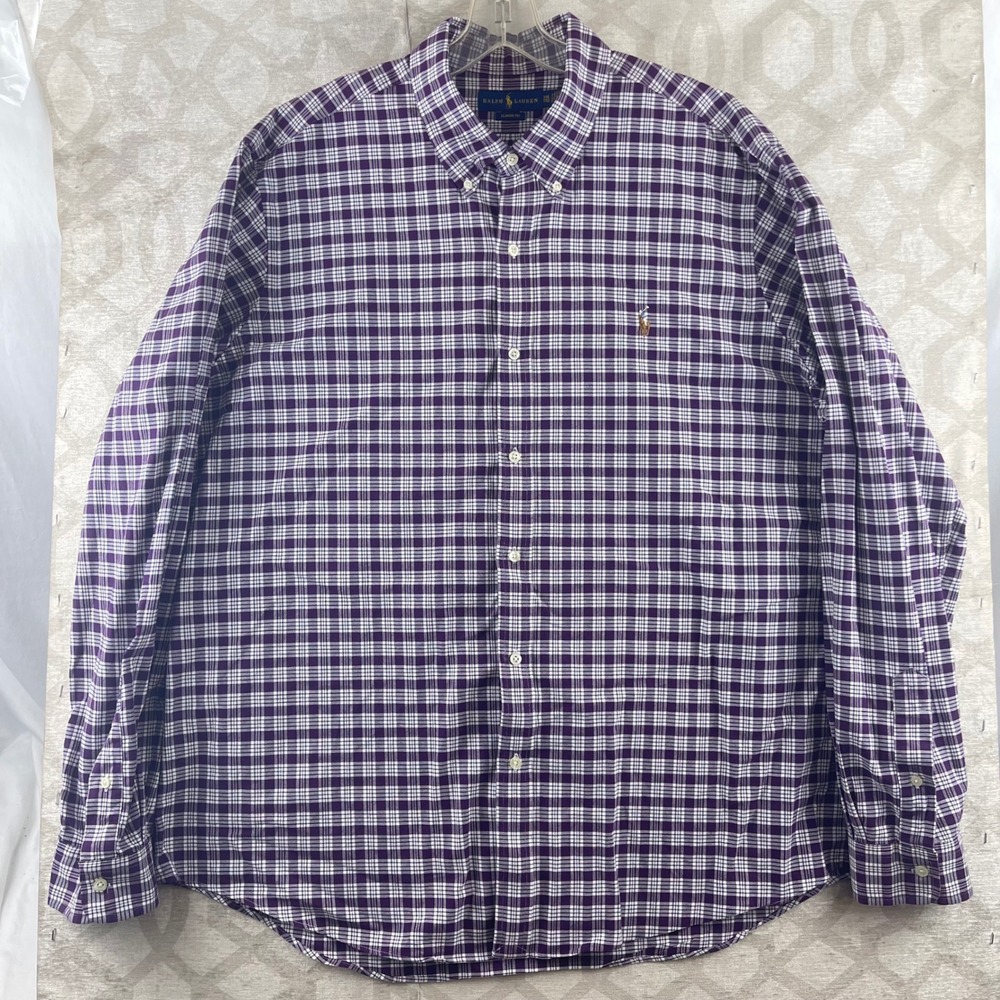 Ralph Lauren Mens XXL Classic Fit Purple White Plaid Cotton‎ Button Down Shirt